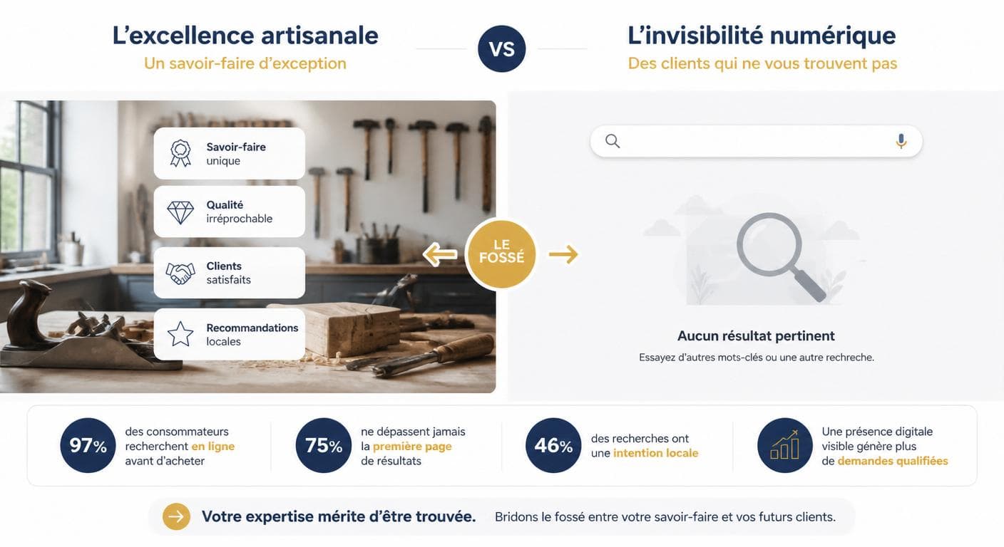 Infographie illustrant le décalage entre savoir-faire artisanal et visibilité Google