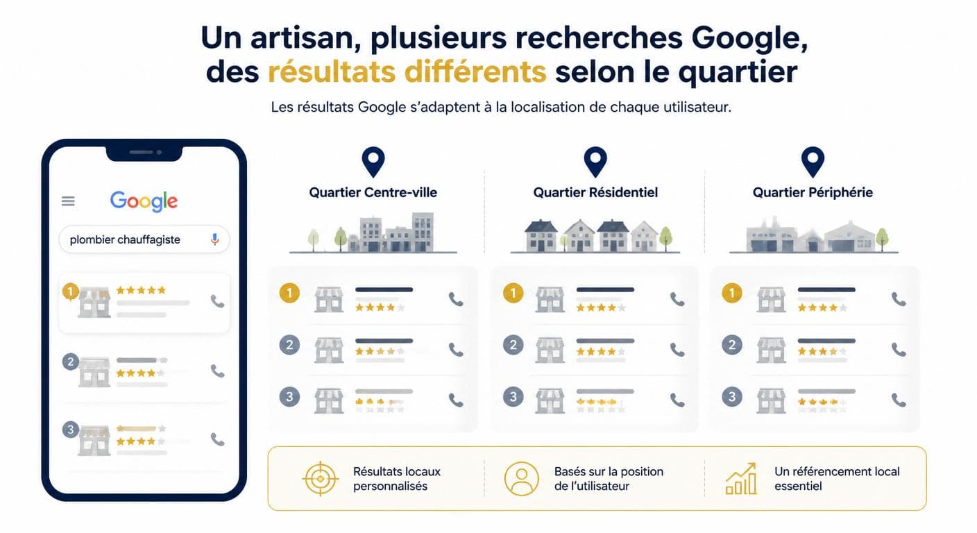 Infographie d'un test de visibilité Google par zone géographique