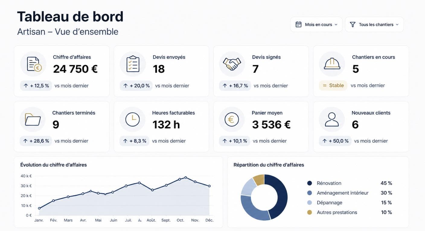 Infographie d'un tableau de bord artisan en une page