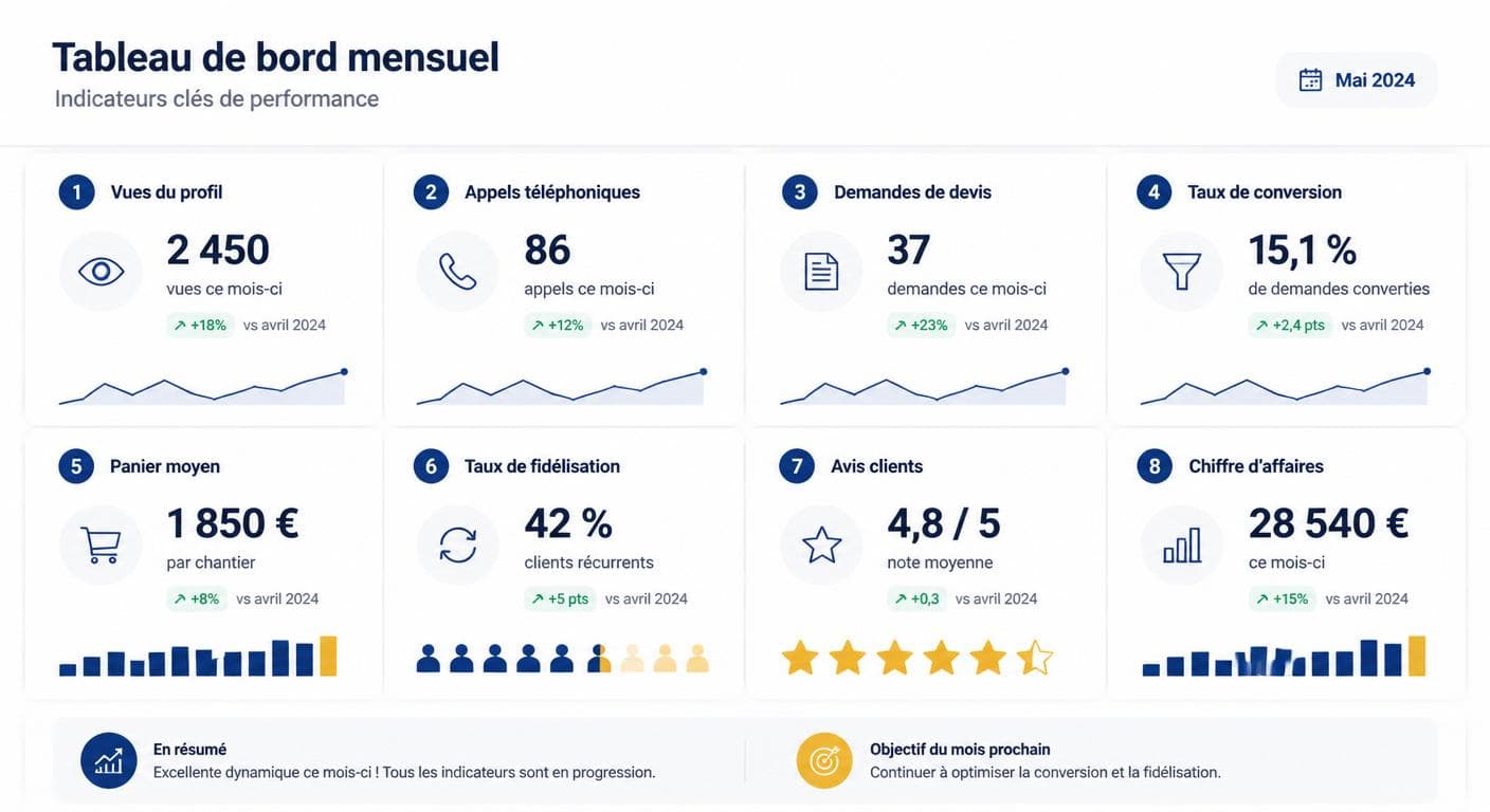Infographie d'un tableau de bord mensuel à 8 KPIs pour artisan