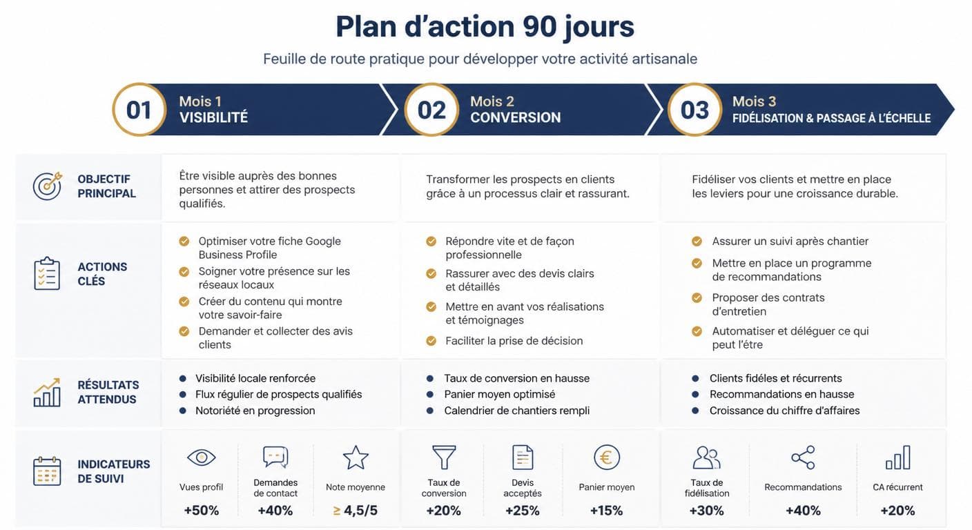 Infographie d'une feuille de route 90 jours pour développer une activité artisanale