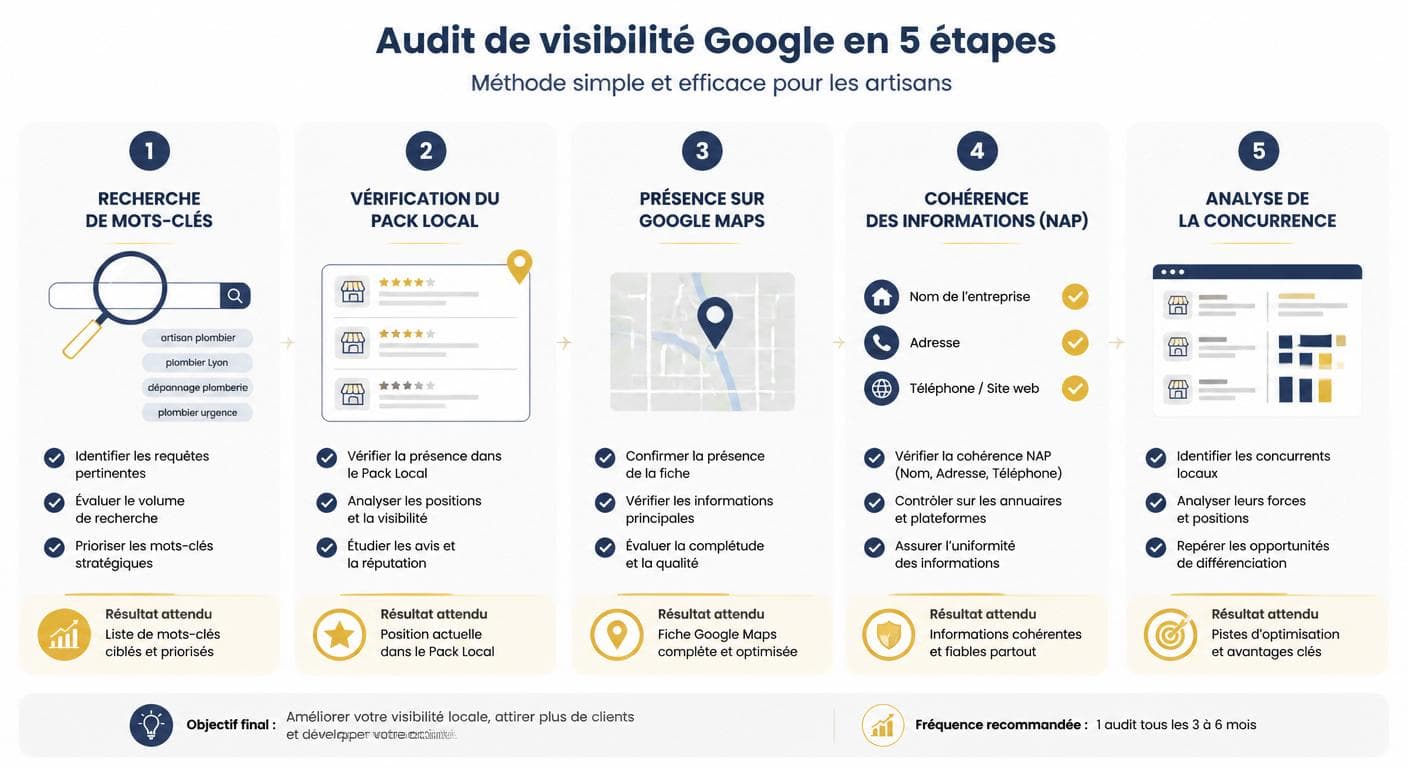 Infographie d'un autodiagnostic de visibilité Google en 5 étapes pour artisan