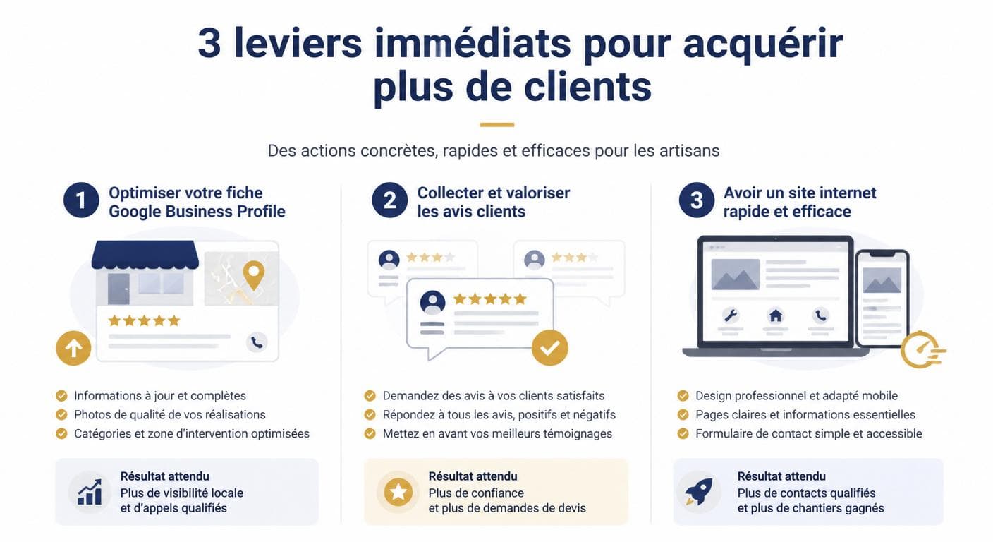 Infographie des trois leviers d'acquisition immédiate pour artisan