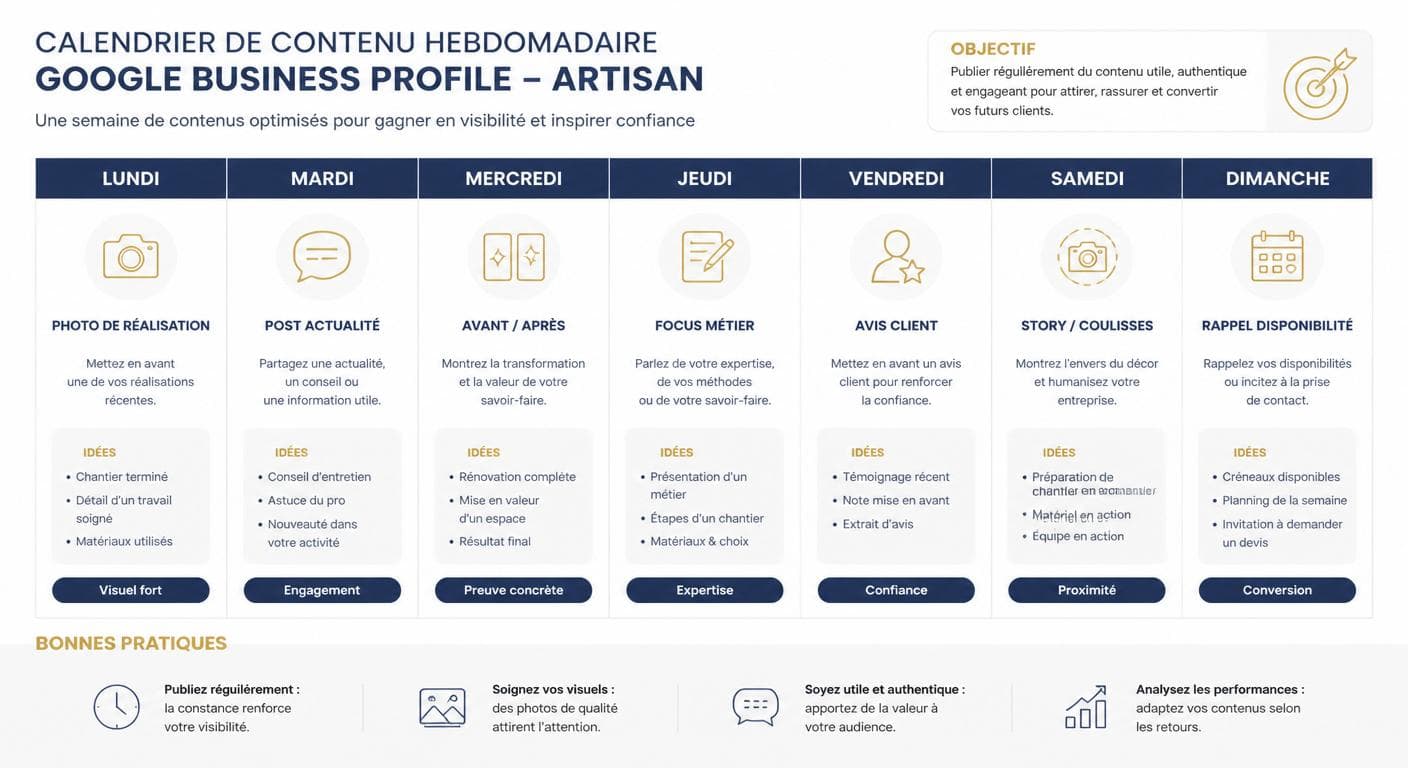 Infographie d'un calendrier éditorial hebdomadaire pour fiche établissement Google
