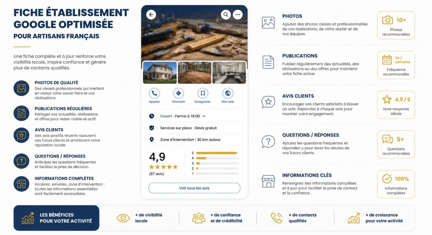 Infographie d'une fiche établissement Google optimisée pour artisan