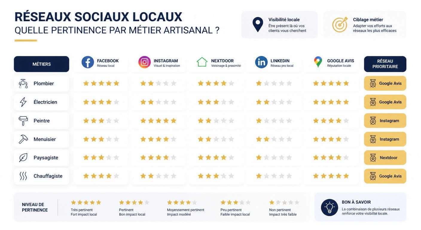 Infographie de la pertinence des réseaux sociaux locaux par métier artisanal