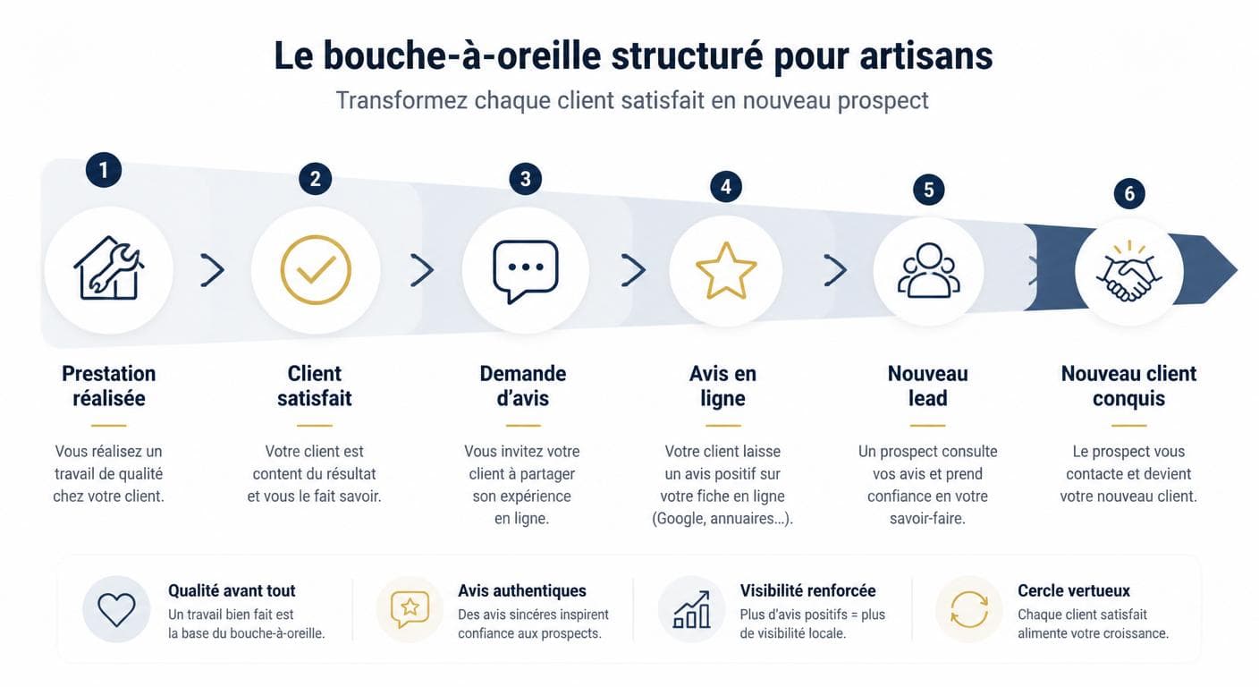 Infographie d'un tunnel de bouche-à-oreille structuré pour artisan