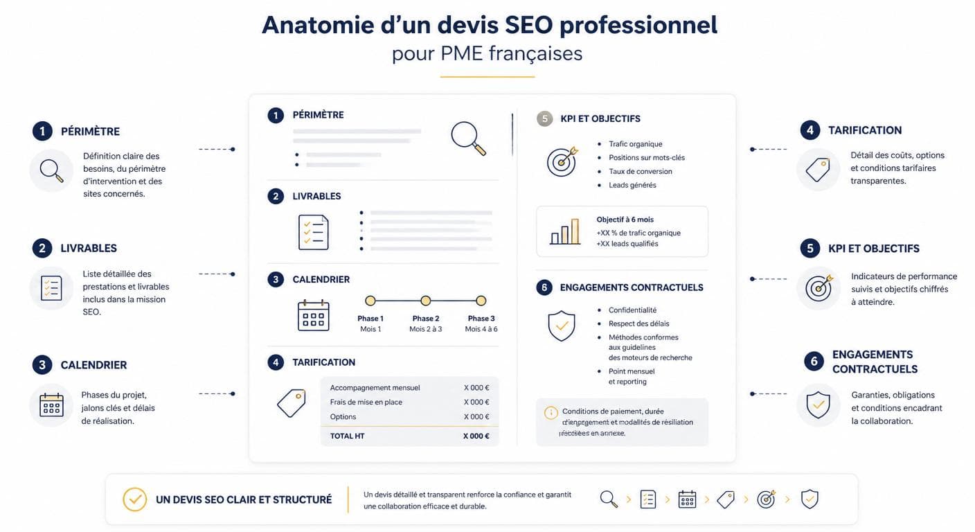 Infographie présentant l'anatomie d'un devis SEO professionnel pour PME