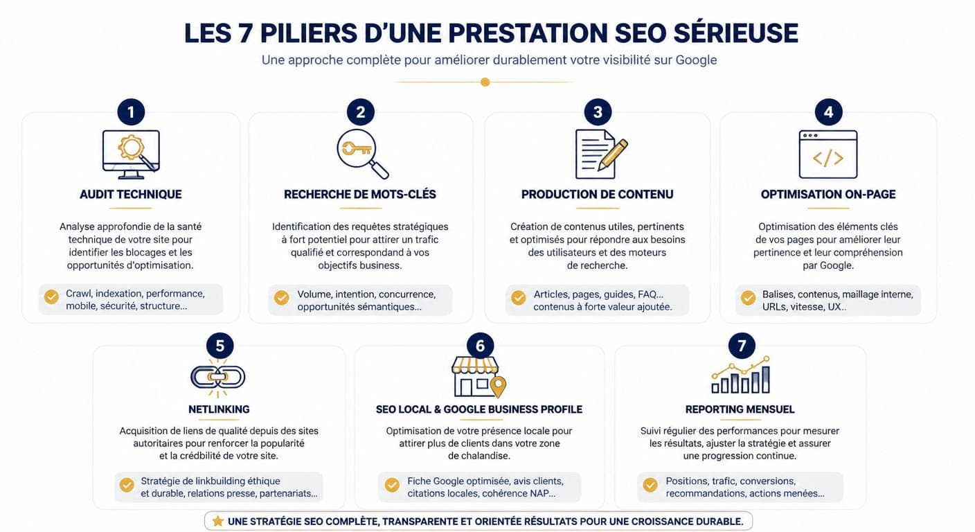 Infographie des sept piliers d'une prestation SEO sérieuse