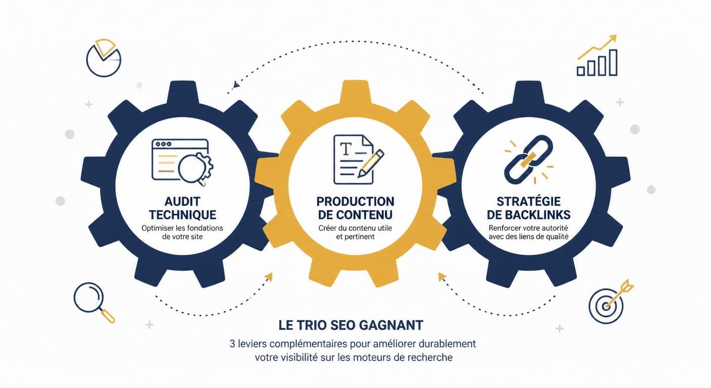 Illustration du trio audit technique, contenu et netlinking