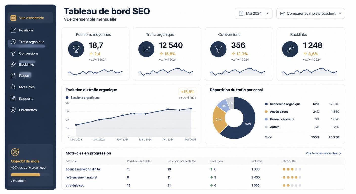 Illustration d'un reporting SEO mensuel