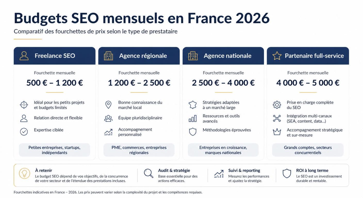 Infographie des fourchettes de budget SEO 2026 en France