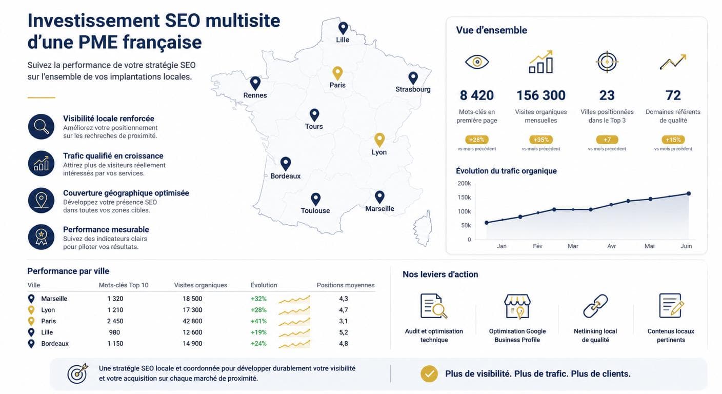 Illustration d'une PME multisite suivant son investissement SEO