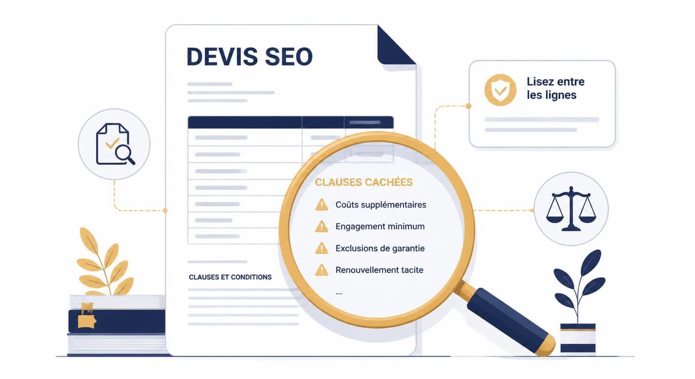 Illustration d'une loupe inspectant les clauses cachées d'un devis SEO