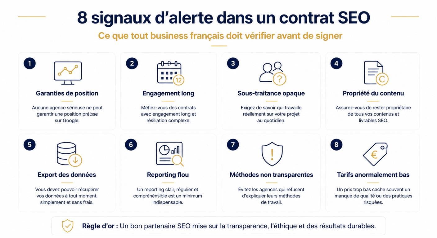 Infographie des huit signaux d'alerte dans un contrat SEO