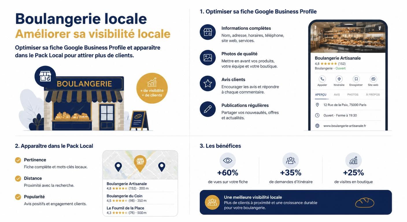 Illustration d'une boulangerie locale améliorant sa fiche Google Business Profile