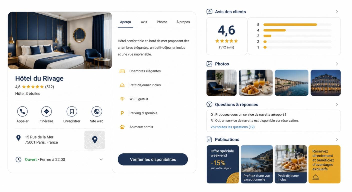 Illustration d'une fiche Google Business Profile d'hôtel optimisée