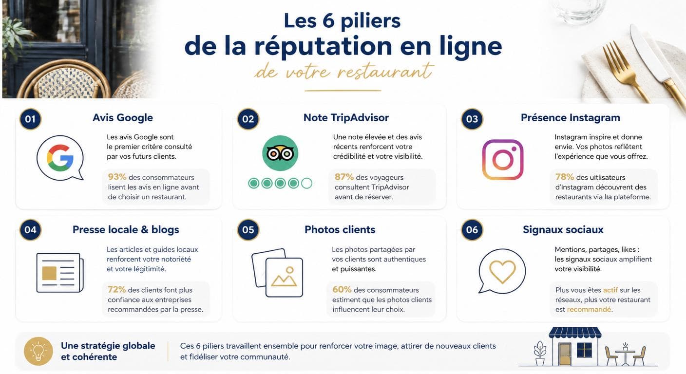 Schéma des six piliers de l'e-réputation d'un restaurant en 2026