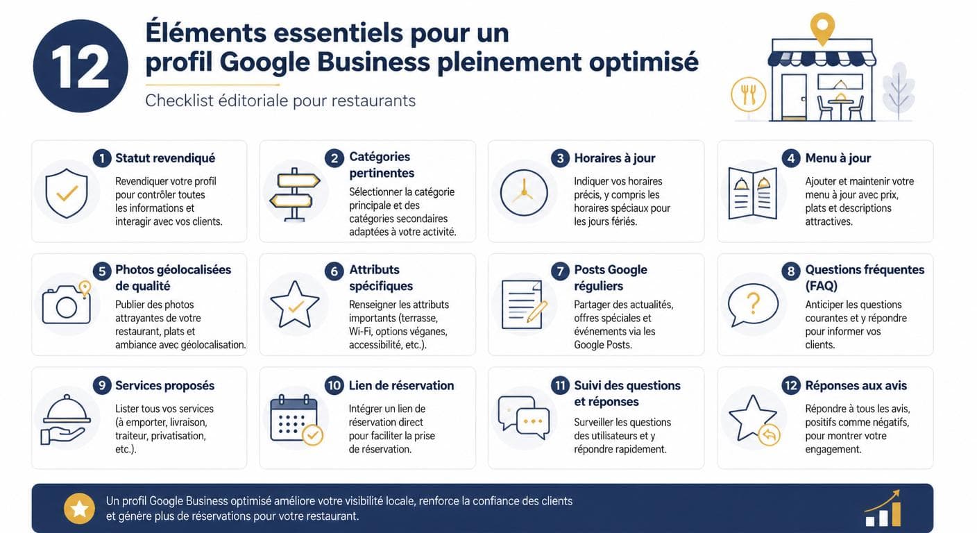Checklist des 12 éléments d'une fiche Google Business Profile optimisée pour un restaurant