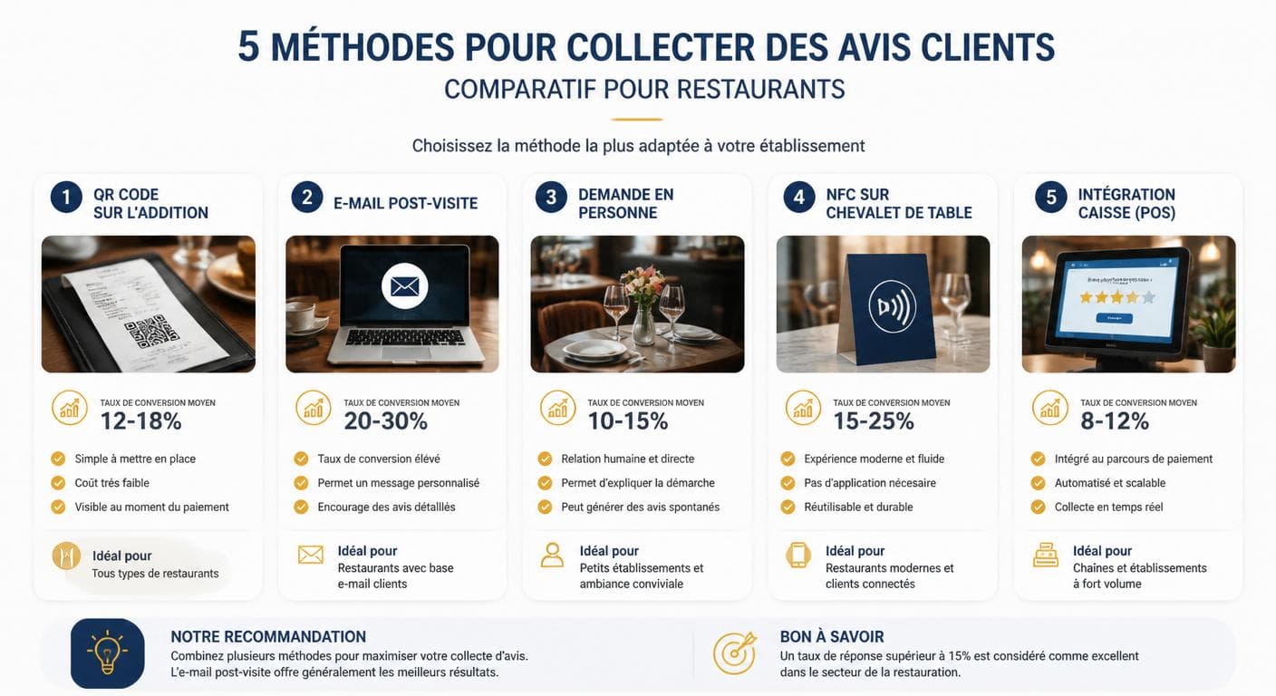 Comparatif des cinq méthodes de collecte d'avis pour restaurant avec taux de conversion
