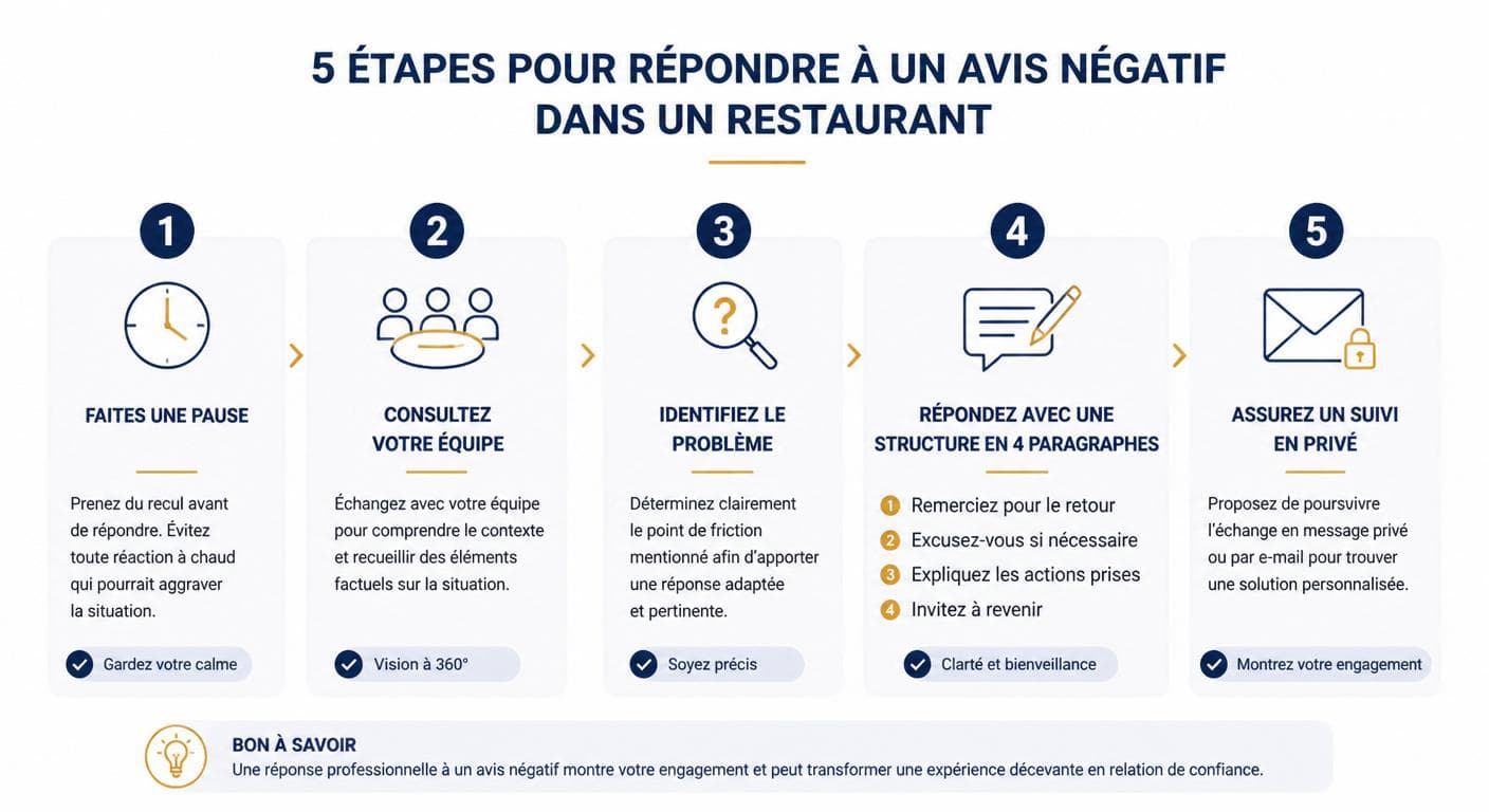 Schéma en 5 étapes pour répondre à un avis négatif de restaurant