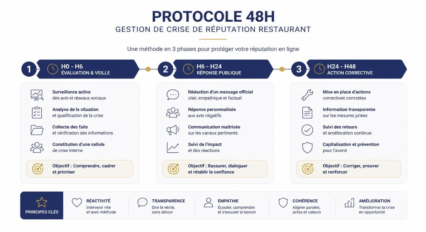 Frise chronologique du protocole de gestion de crise réputation restaurant sur 48 heures