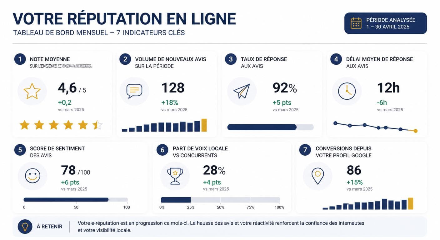 Tableau de bord mensuel des sept indicateurs clés d'e-réputation pour un restaurant