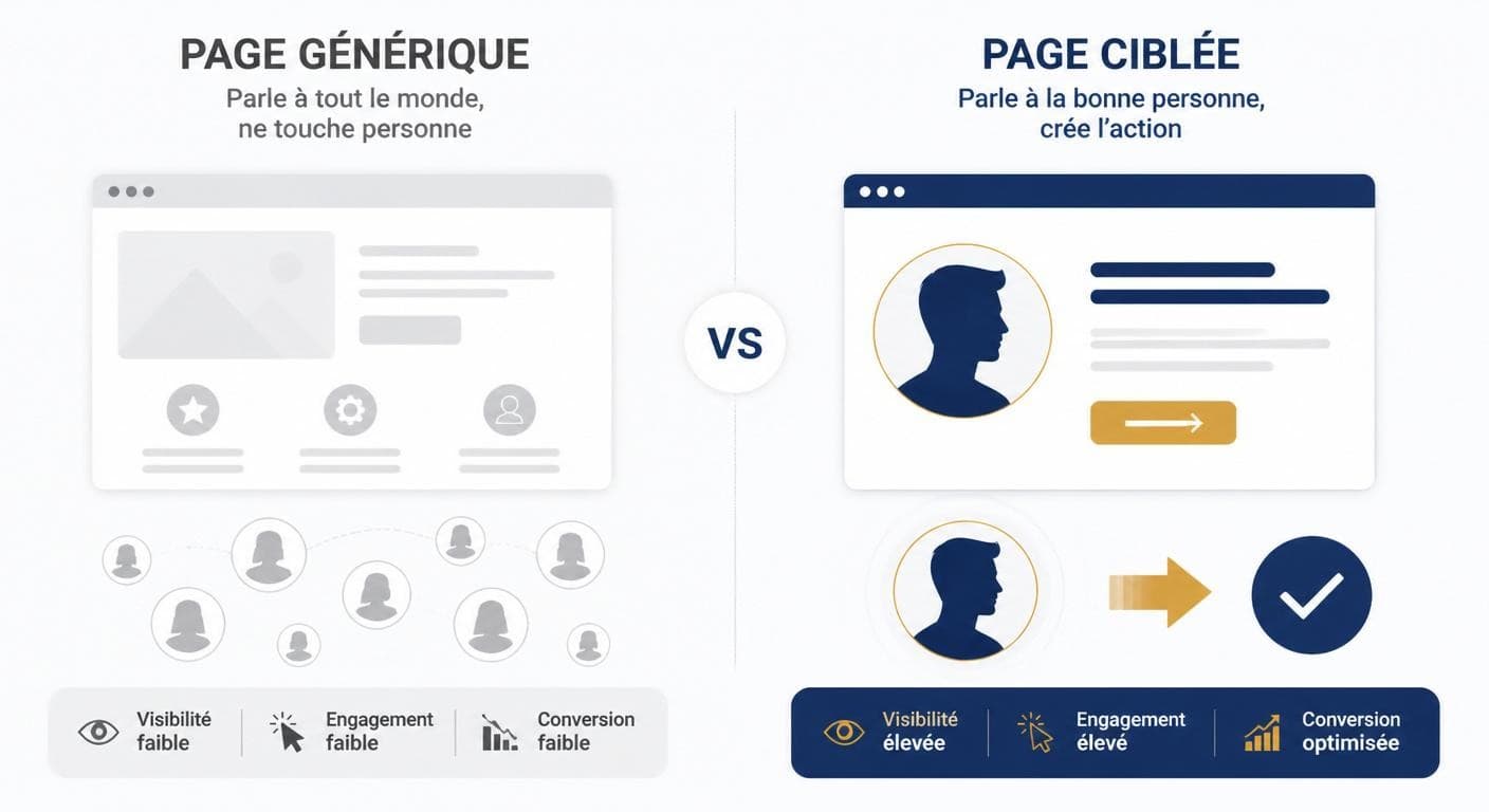 Comparaison visuelle entre une page web générique et une page écrite pour un client idéal