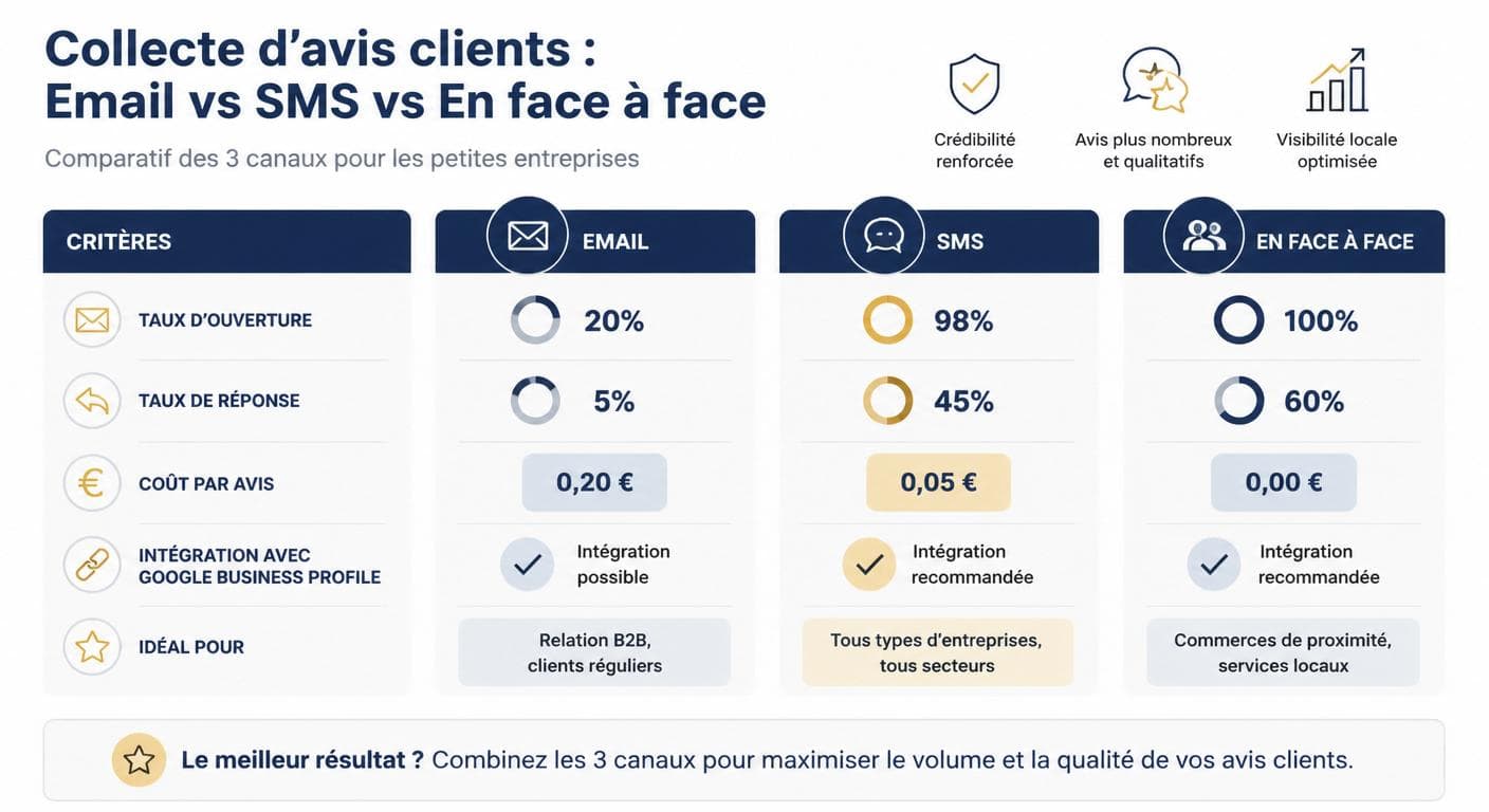 Infographie comparative des canaux de collecte d'avis clients : e-mail, SMS, en personne