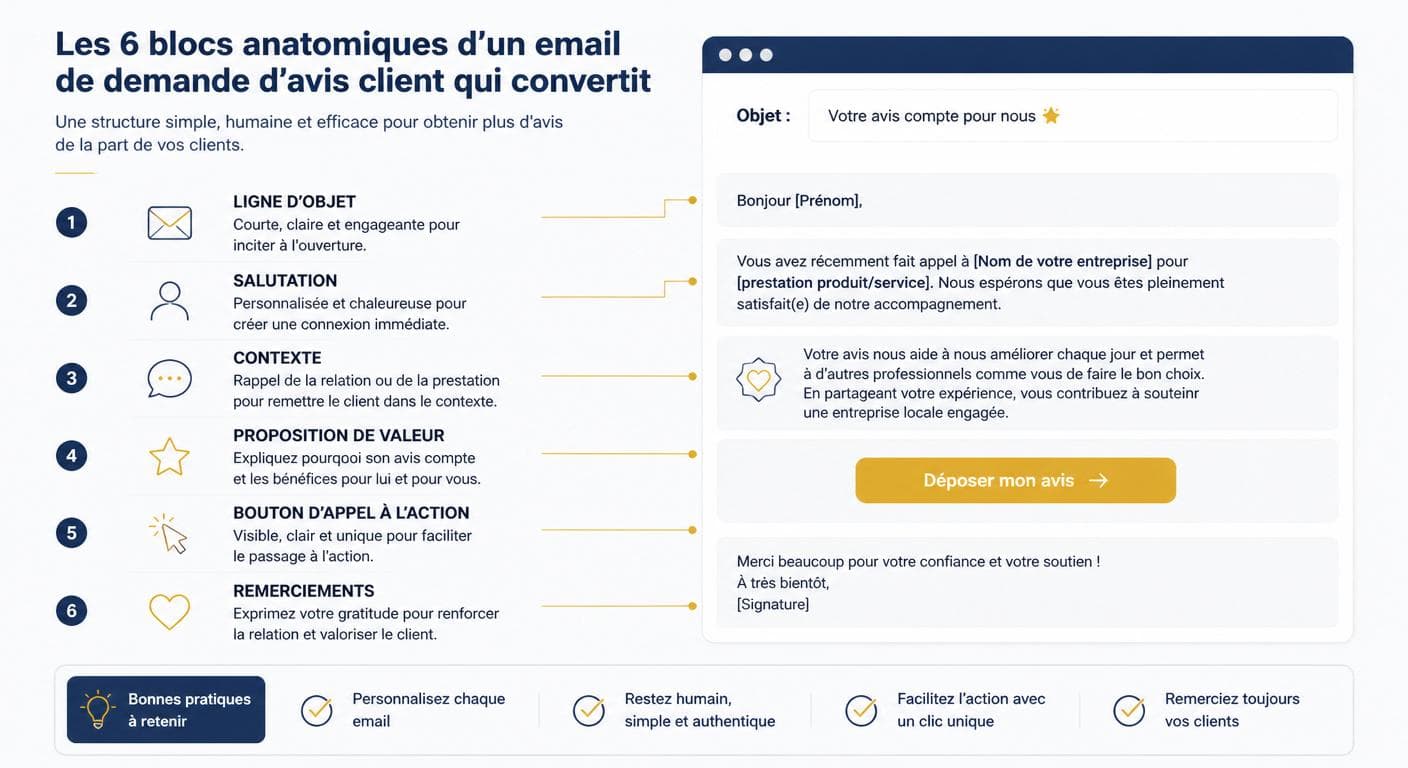 Infographie des 6 blocs d'un e-mail de demande d'avis client performant