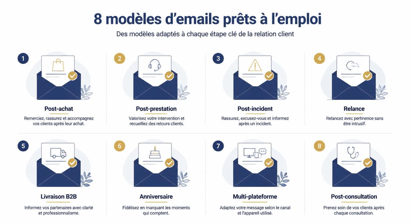 Infographie des 8 modèles d'e-mail de demande d'avis client par cas d'usage