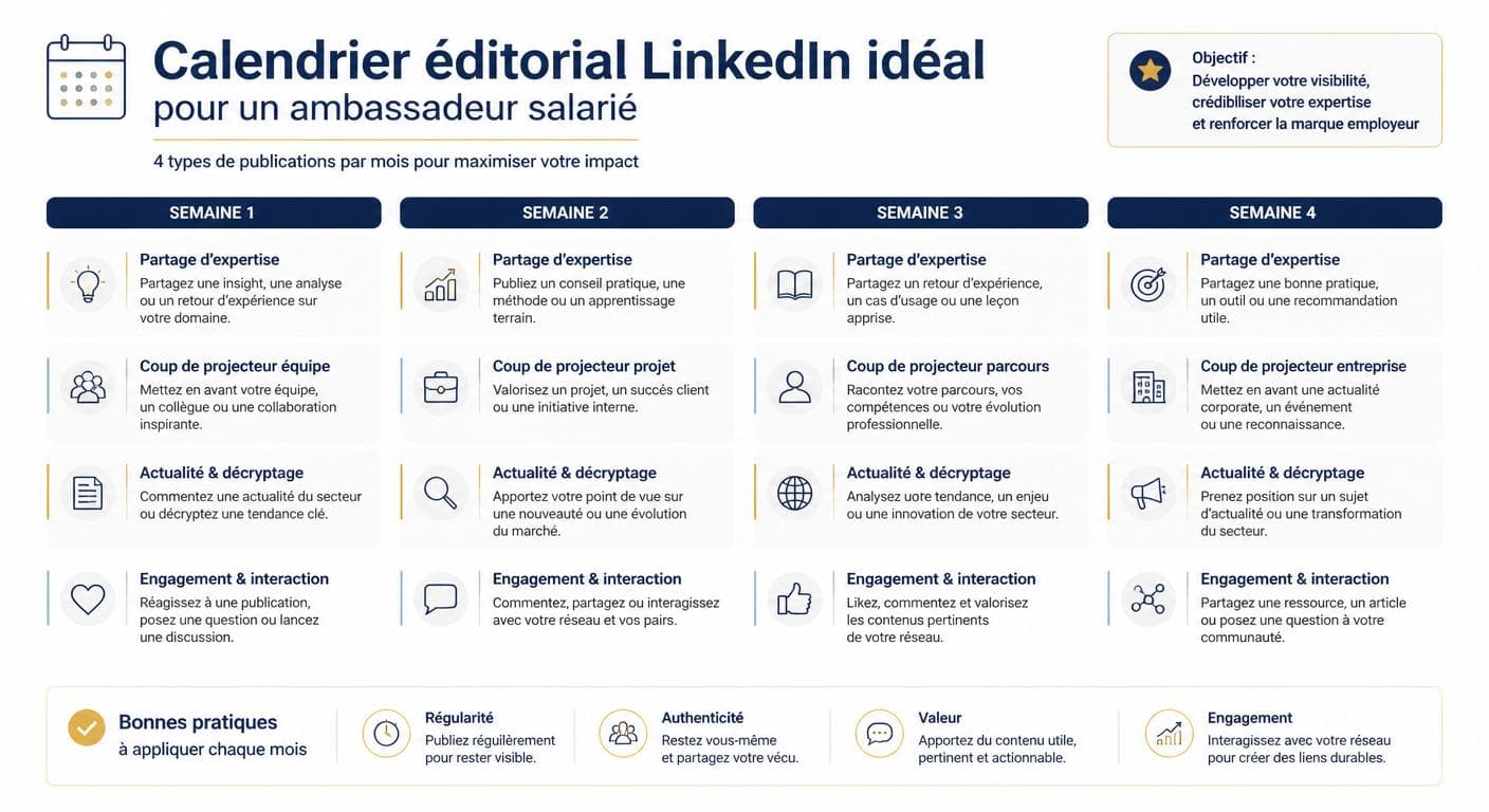 Infographie calendrier éditorial mensuel d'un collaborateur ambassadeur sur LinkedIn