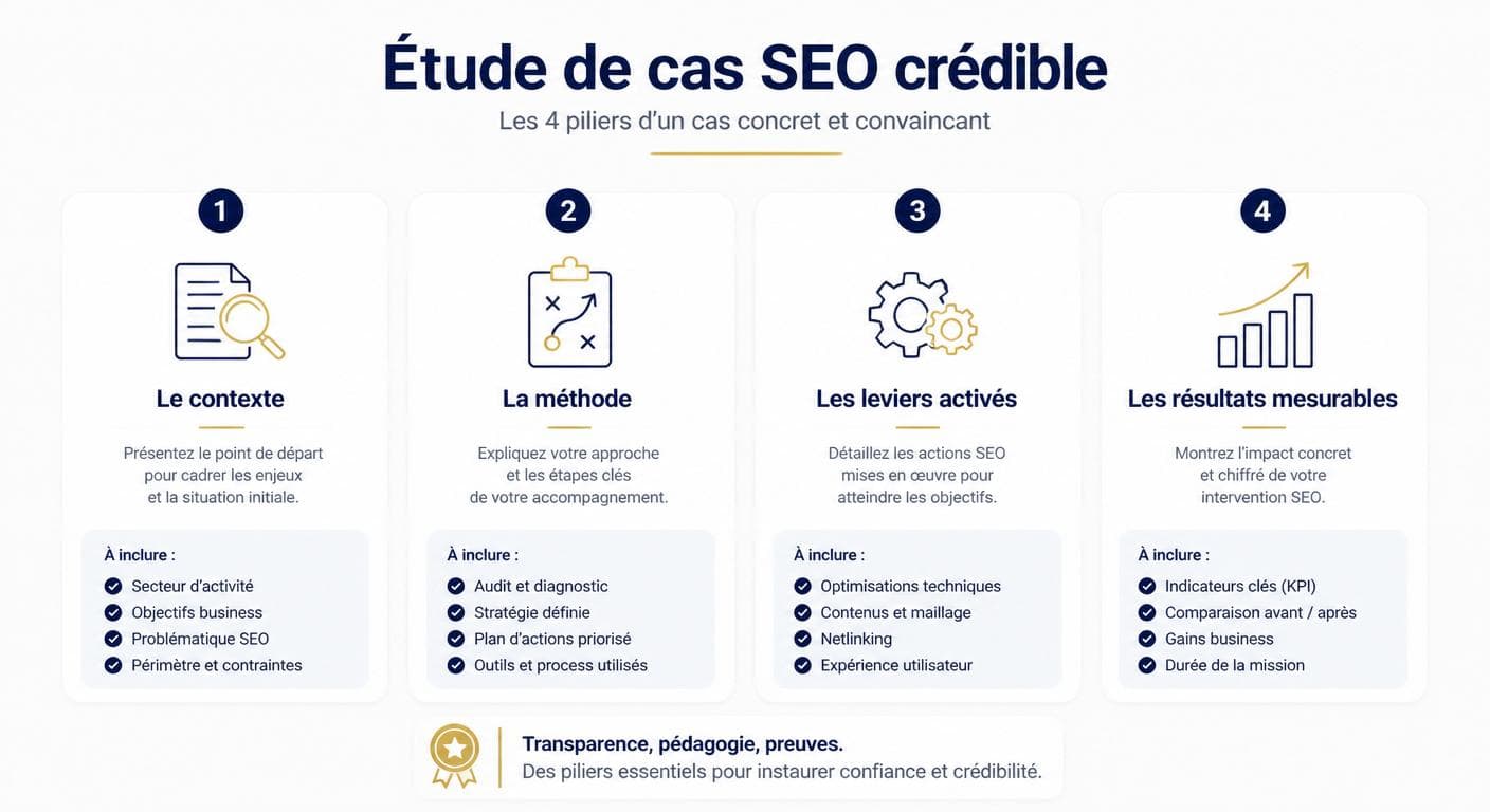 Infographie des quatre piliers d'une étude de cas SEO crédible