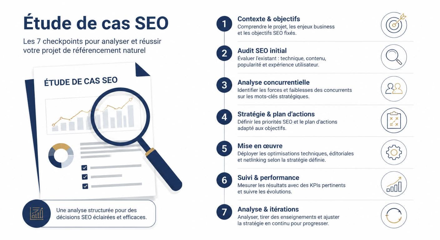Infographie présentant la grille de lecture critique d'une étude de cas SEO