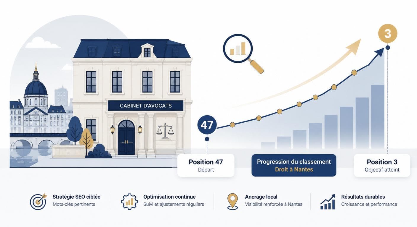 Infographie illustrant la progression d'un cabinet d'avocats nantais de la position 47 à la position 3 sur Google