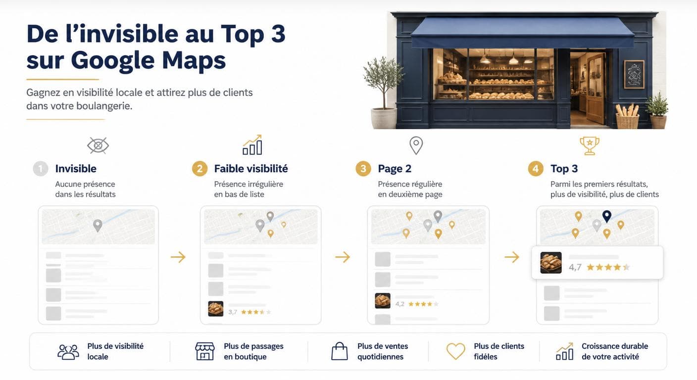 Infographie illustrant l'entrée d'une boulangerie angevine dans le Local Pack Google