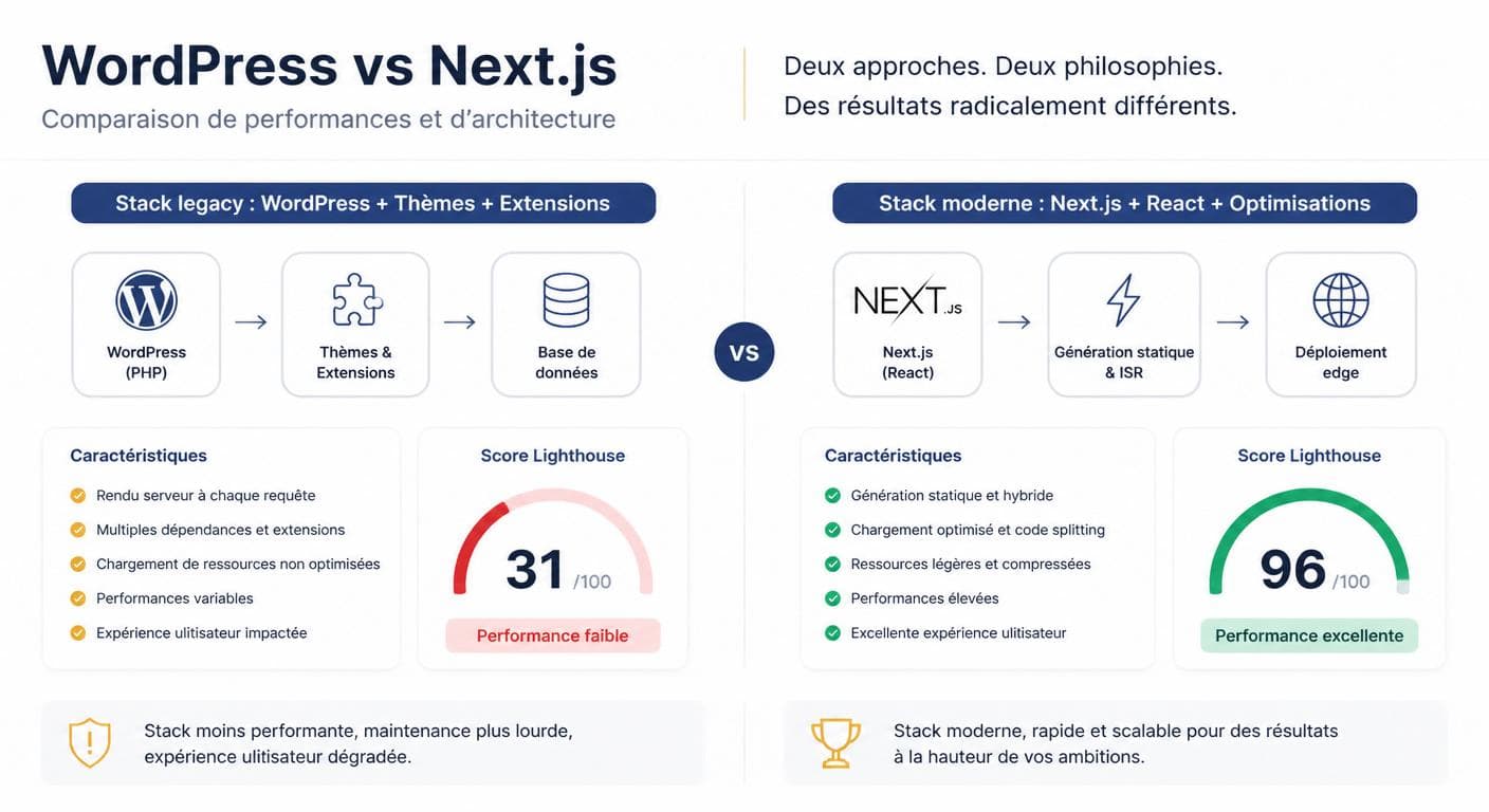 Infographie comparant un site WordPress historique et sa version Next.js après migration Centauri
