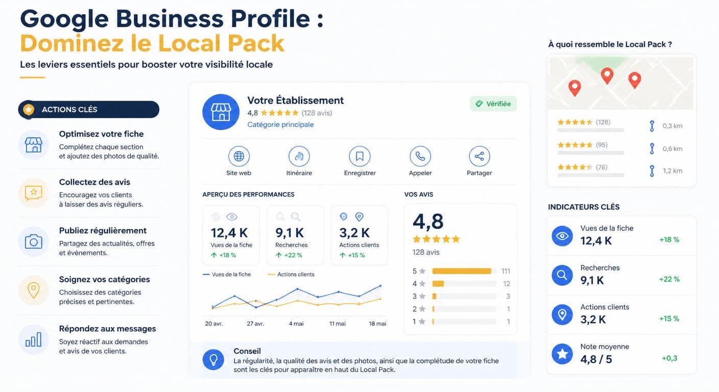 Infographie résumant les leviers Google Business Profile pour dominer le Local Pack
