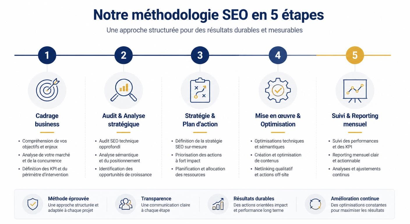Infographie présentant la méthodologie Centauri en cinq étapes pour construire une étude de cas SEO