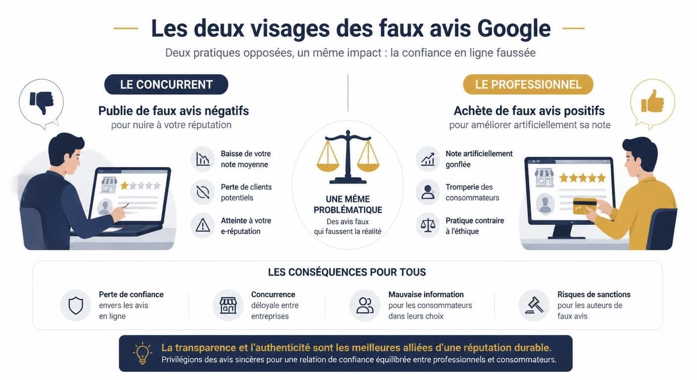 Infographie illustrant les deux formes de faux avis Google : négatifs déposés par la concurrence et positifs achetés