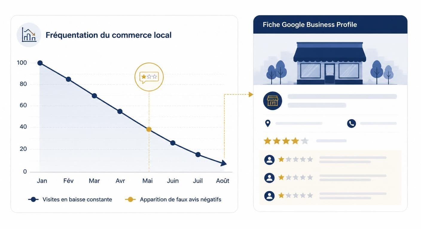 Infographie reliant la chute de fréquentation d'un commerce à l'apparition de faux avis sur sa fiche Google
