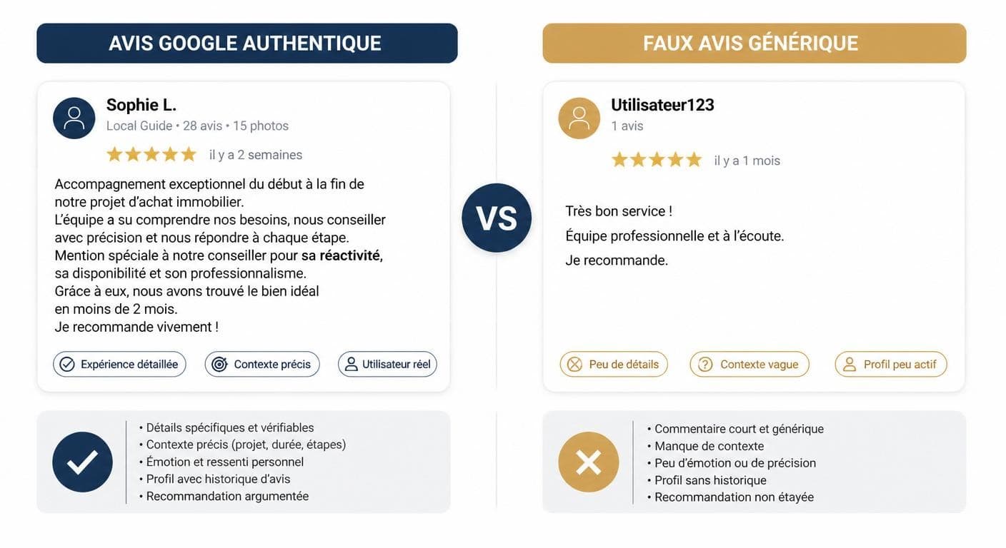 Comparatif visuel entre un avis Google authentique et un faux avis générique