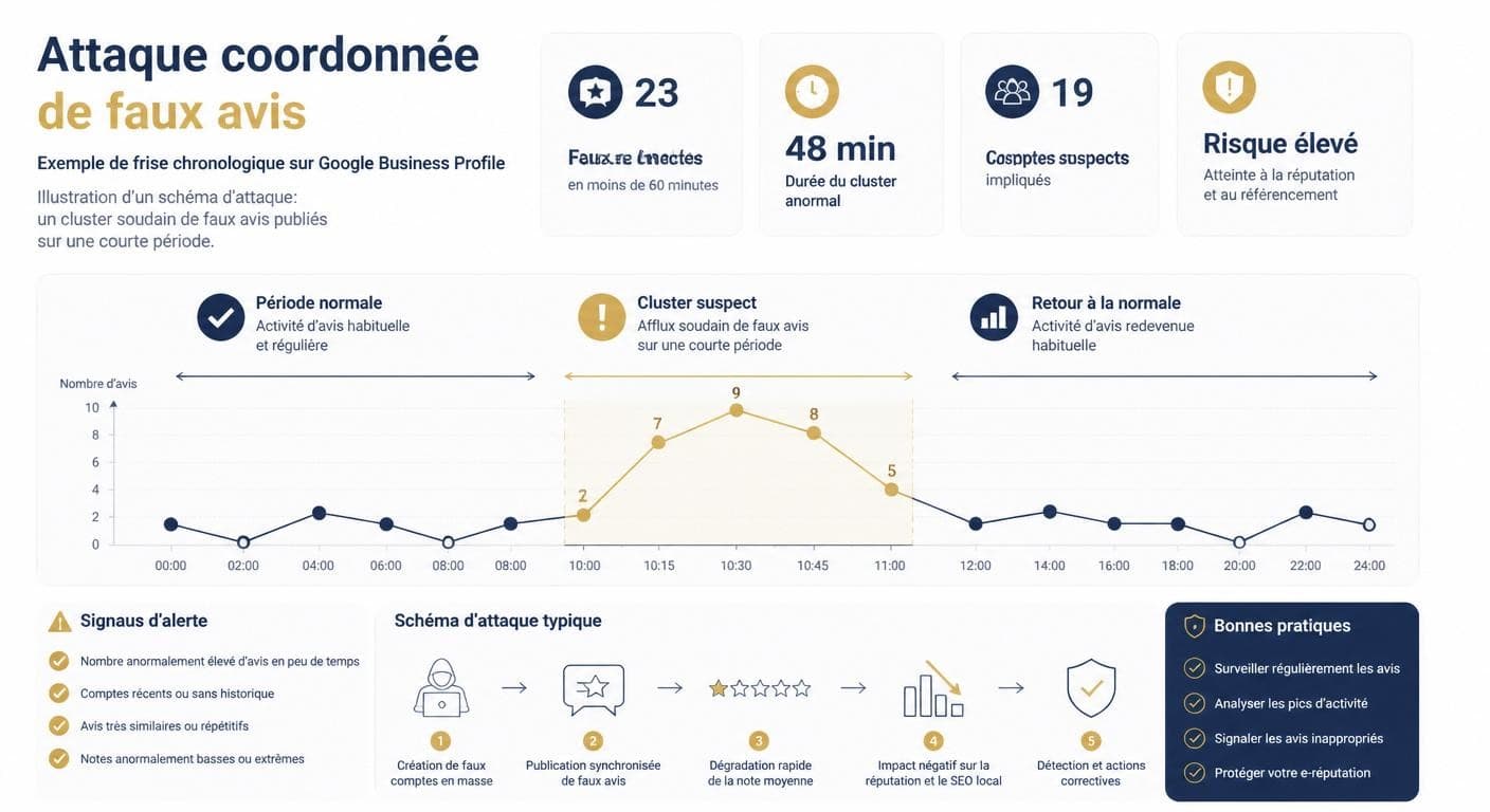 Frise chronologique illustrant une attaque coordonnée de faux avis sur une fiche Google Business Profile