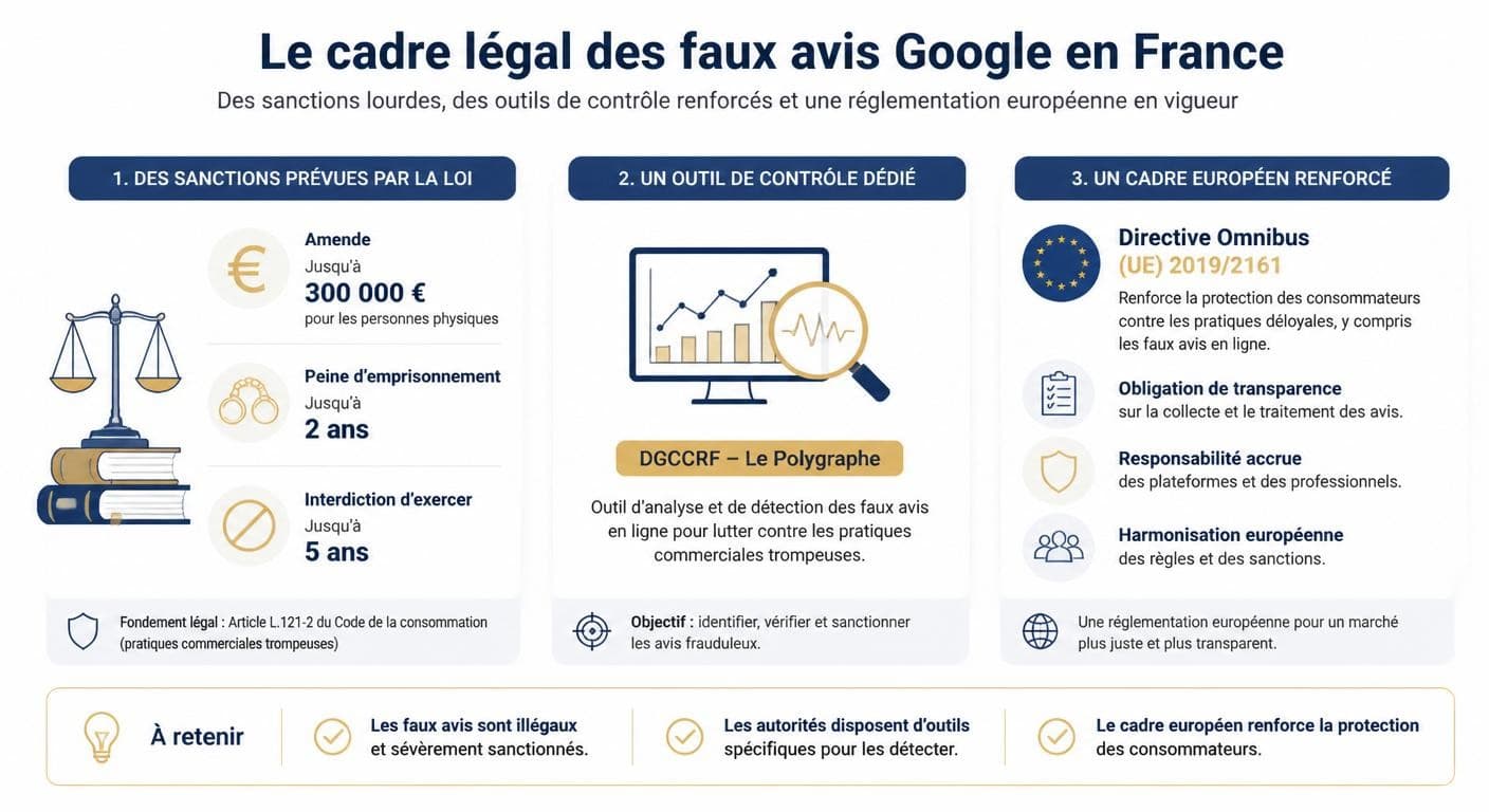 Infographie présentant le cadre légal français et européen sanctionnant les faux avis Google
