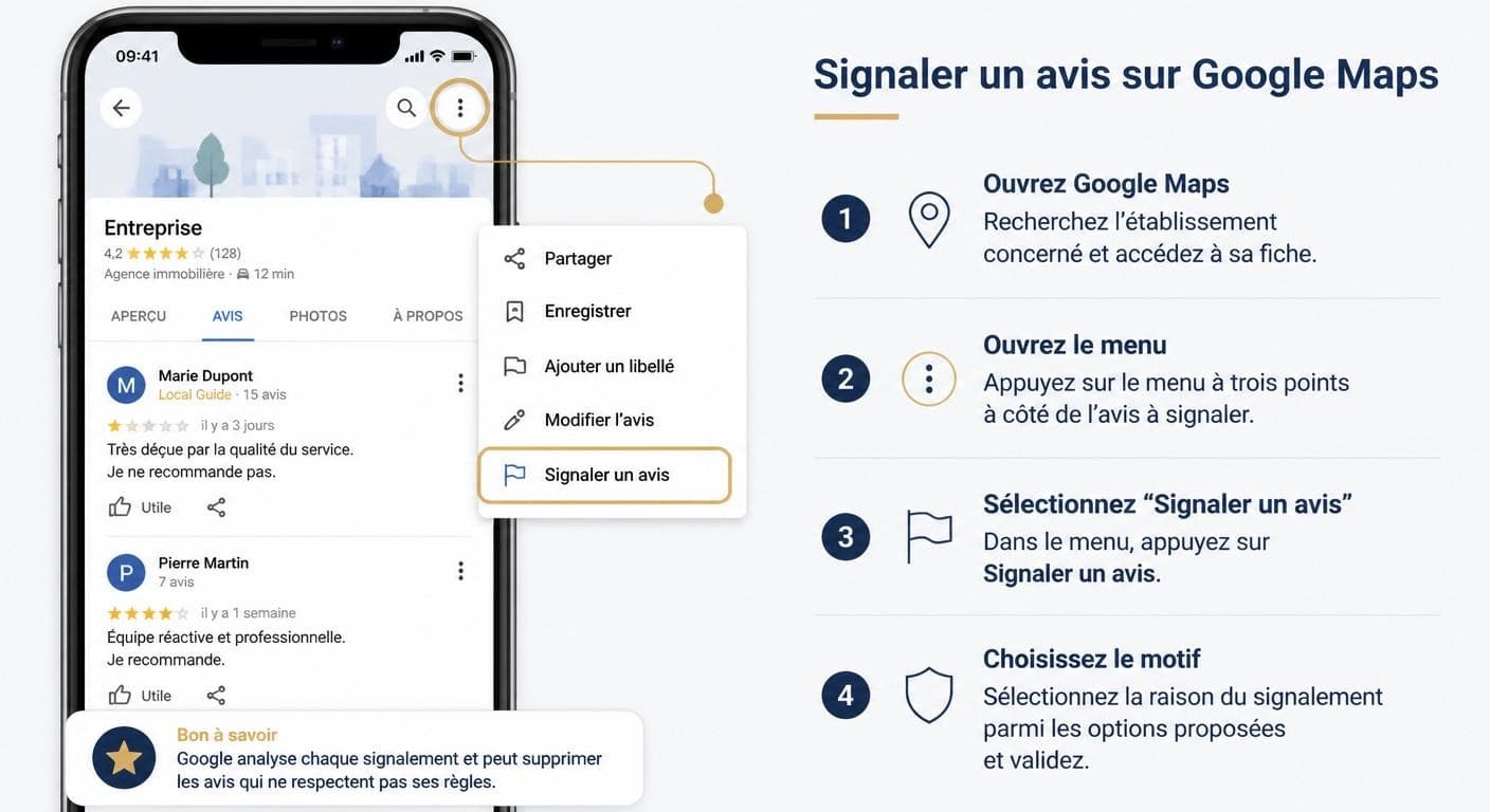 Capture annotée montrant comment signaler un avis suspect depuis Google Maps