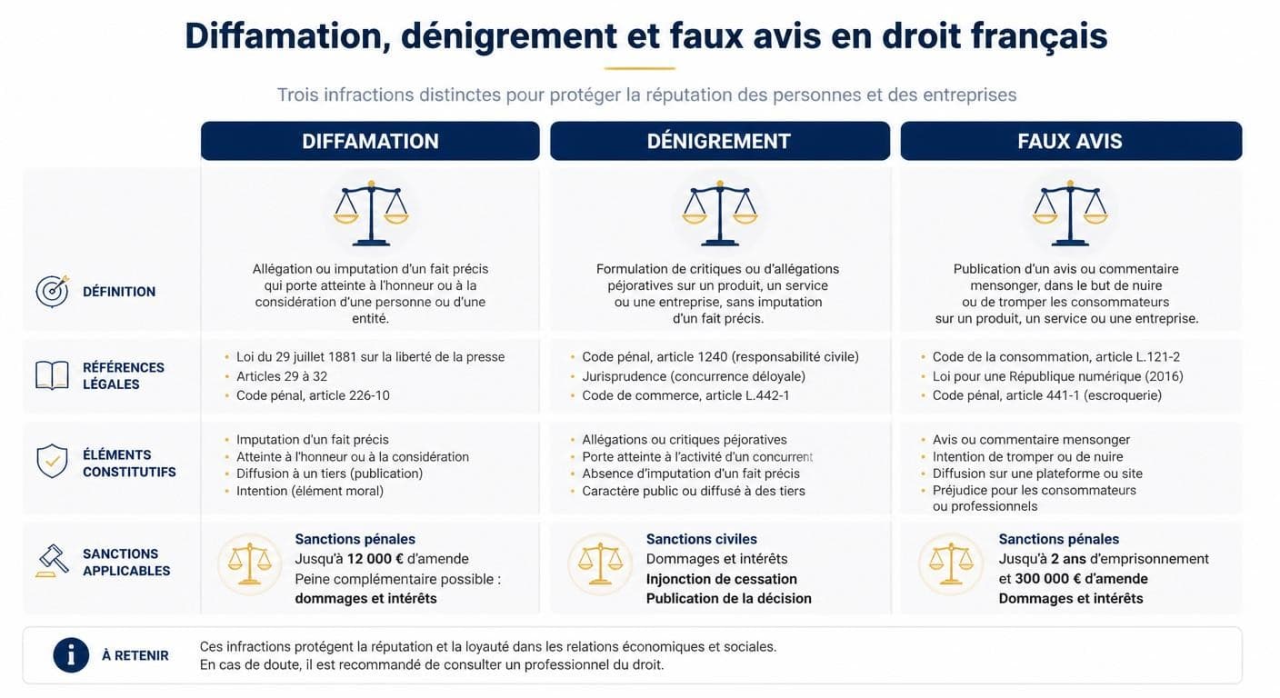 Comparatif visuel entre diffamation, dénigrement et faux avis selon le droit français