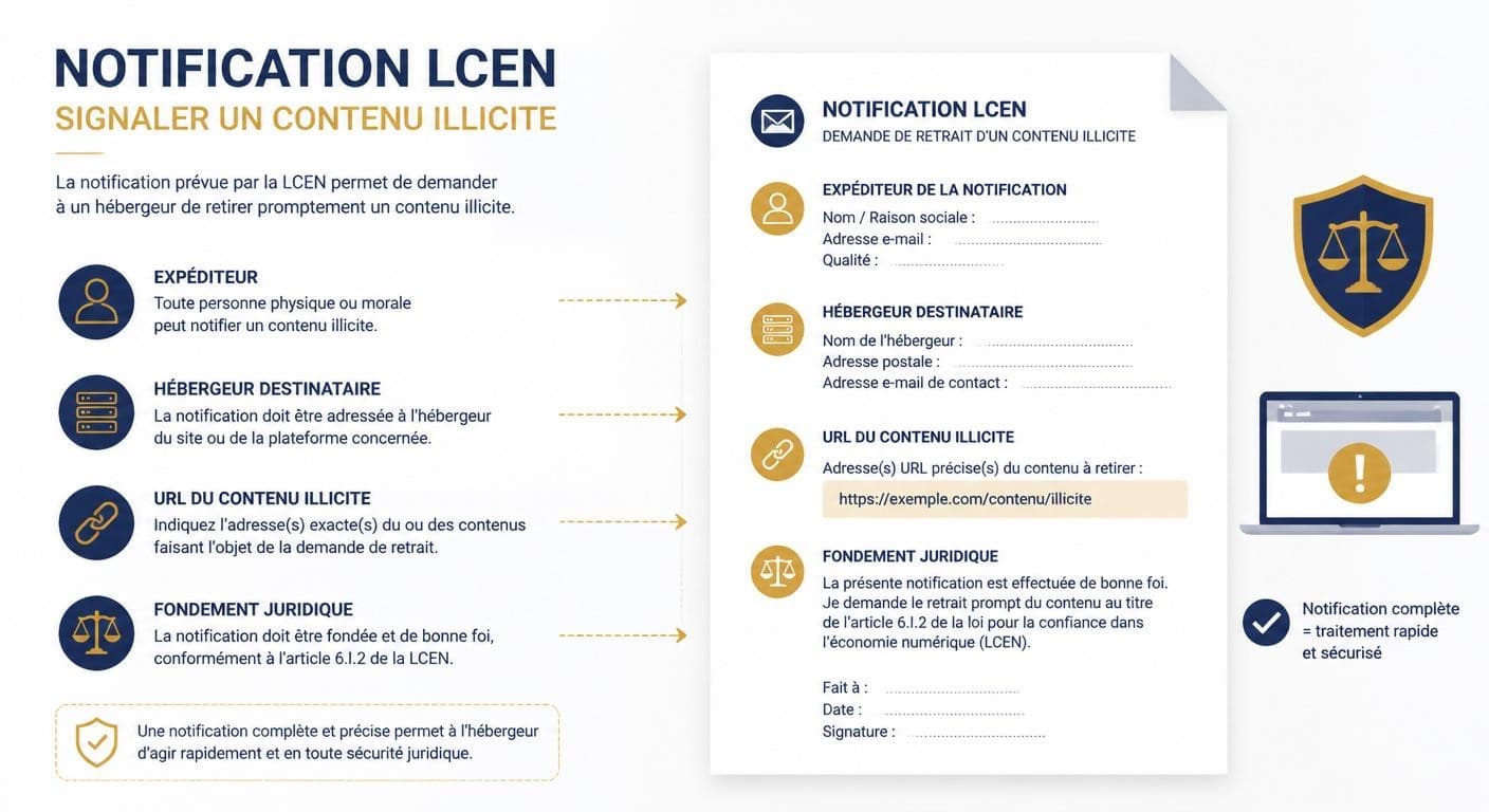Schéma d'une notification LCEN type pour faire retirer un faux avis Google