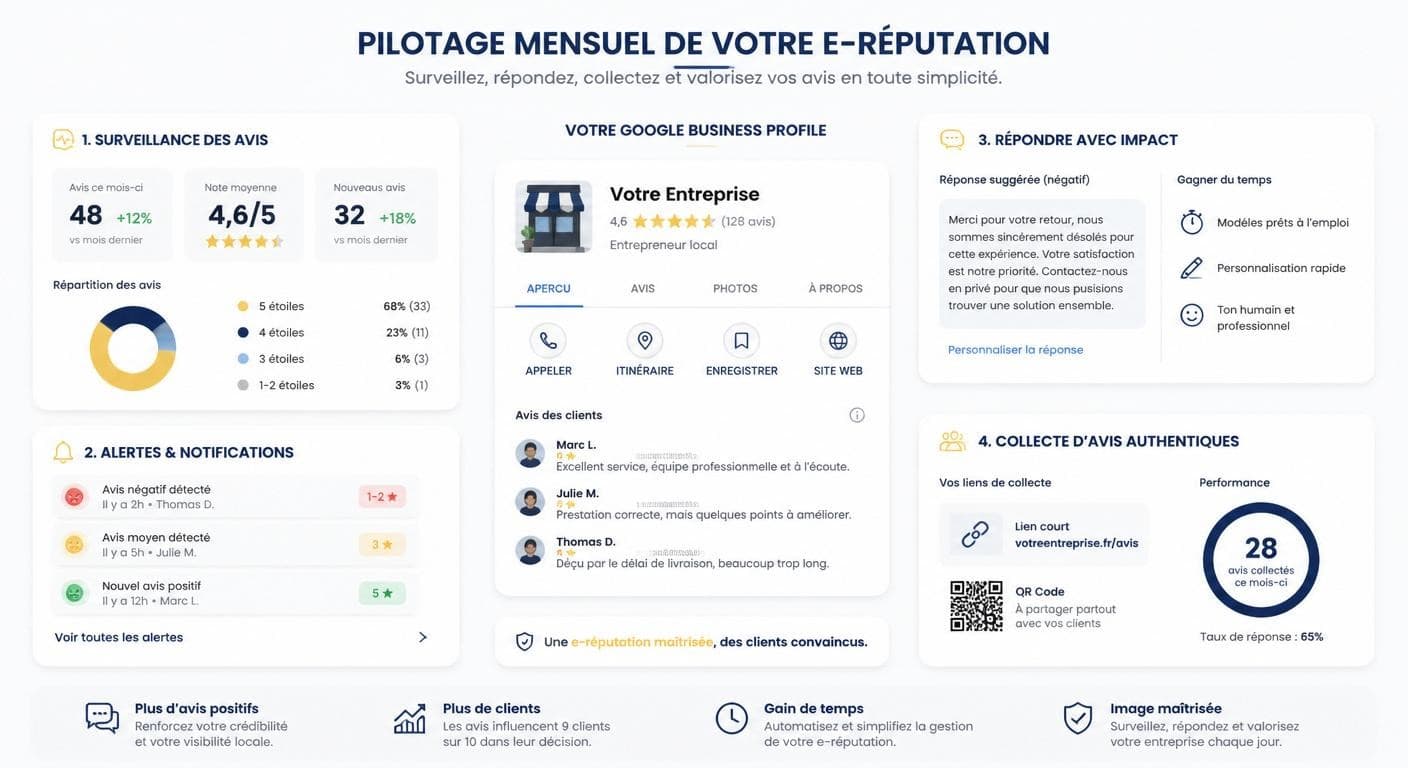 Tableau de bord de pilotage e-réputation mensuel intégrant la gestion des faux avis Google