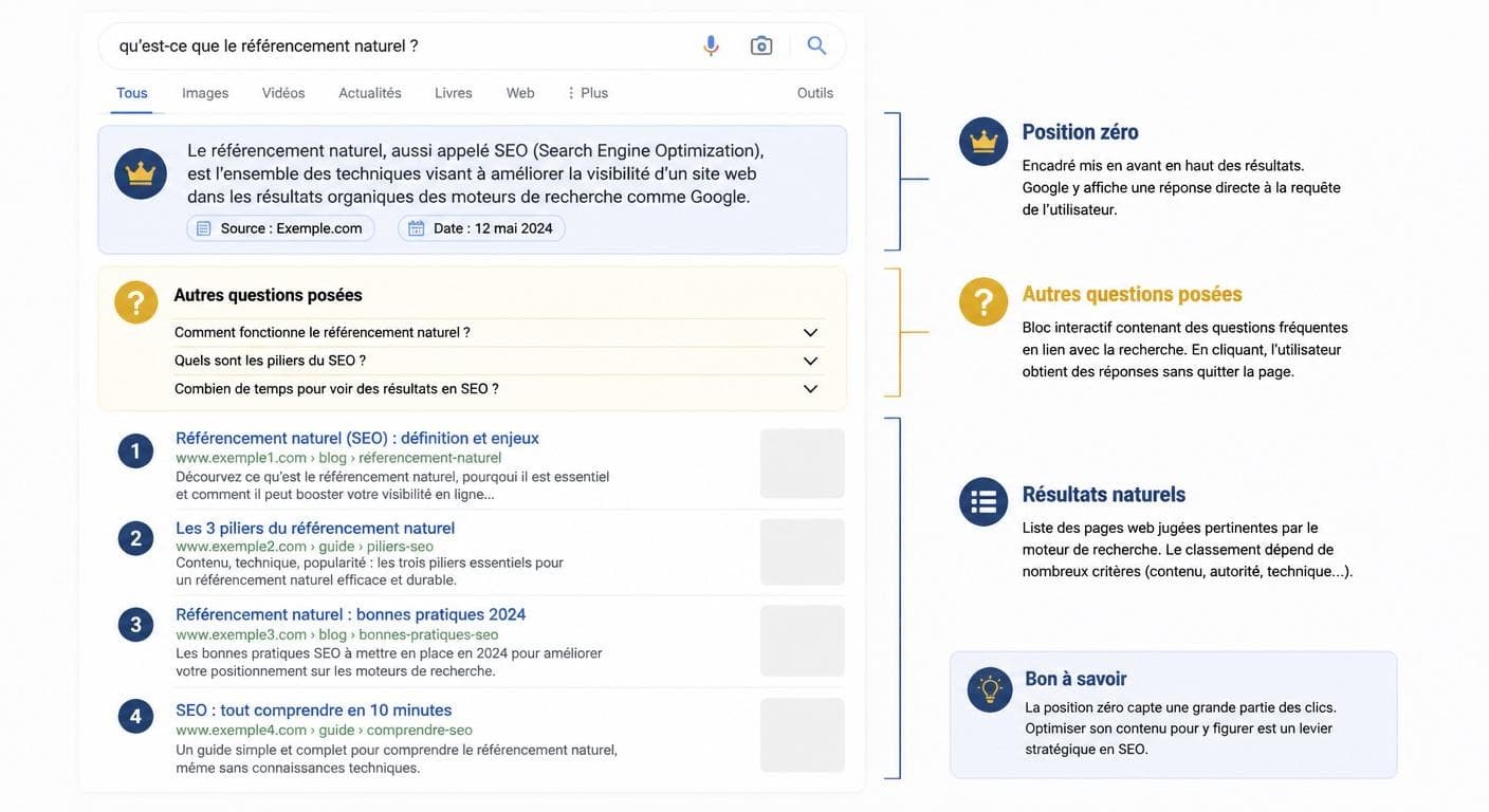 Schéma annoté d'une page de résultats Google avec featured snippet en position zéro