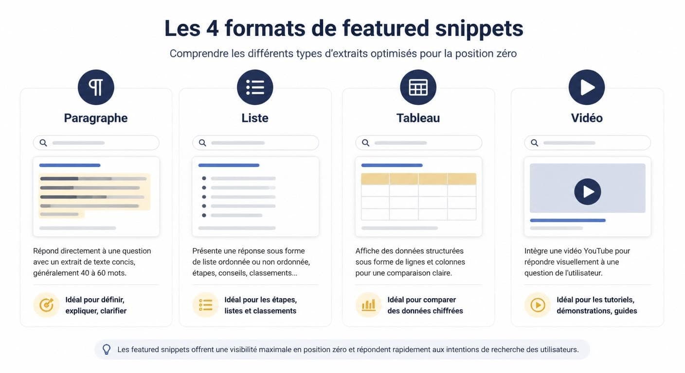 Infographie comparant les quatre formats de featured snippet : paragraphe, liste, tableau, vidéo